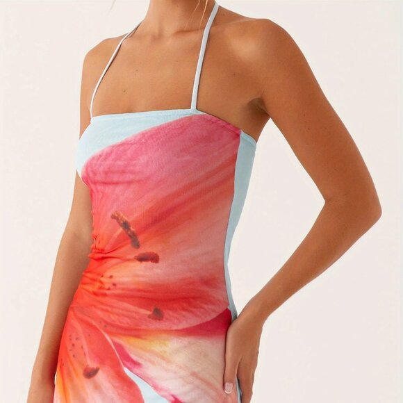 Y2K Summer Halter Flower Print Slim Mini Bodycon Dress - Picture 6 of 8